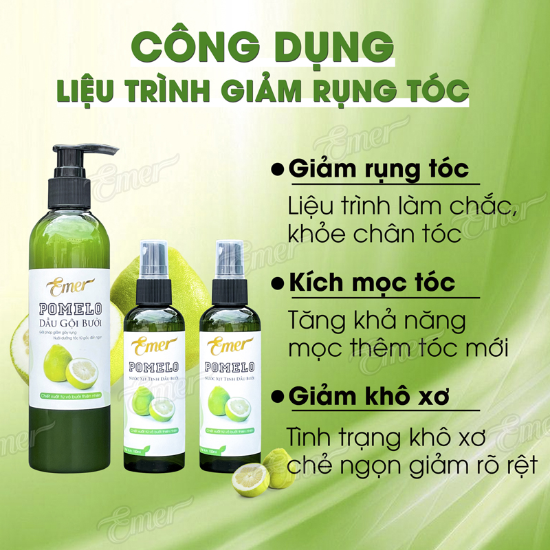 Liệu trình 1 chai Dầu gội + 2 chai Tinh dầu bưởi Pomelo Emer giúp giảm rụng tóc, kích mọc tóc nhanh gấp 2 đến 3 lần 