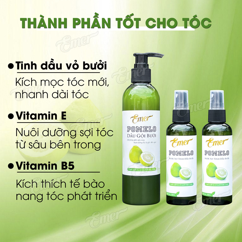 Liệu trình 1 chai Dầu gội + 2 chai Tinh dầu bưởi Pomelo Emer giúp giảm rụng tóc, kích mọc tóc nhanh gấp 2 đến 3 lần 
